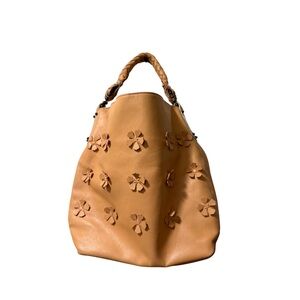 Falor Fawn Tan Floral Braided Leather Suede Bucket Handbag